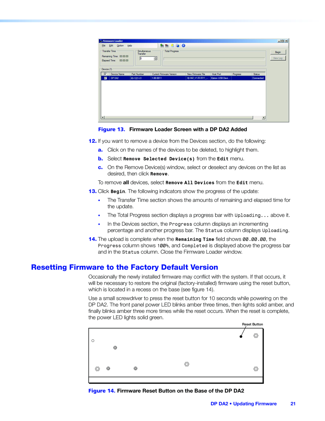 Extron electronic manual Resetting Firmware to the Factory Default Version, DP DA2 Updating Firmware 