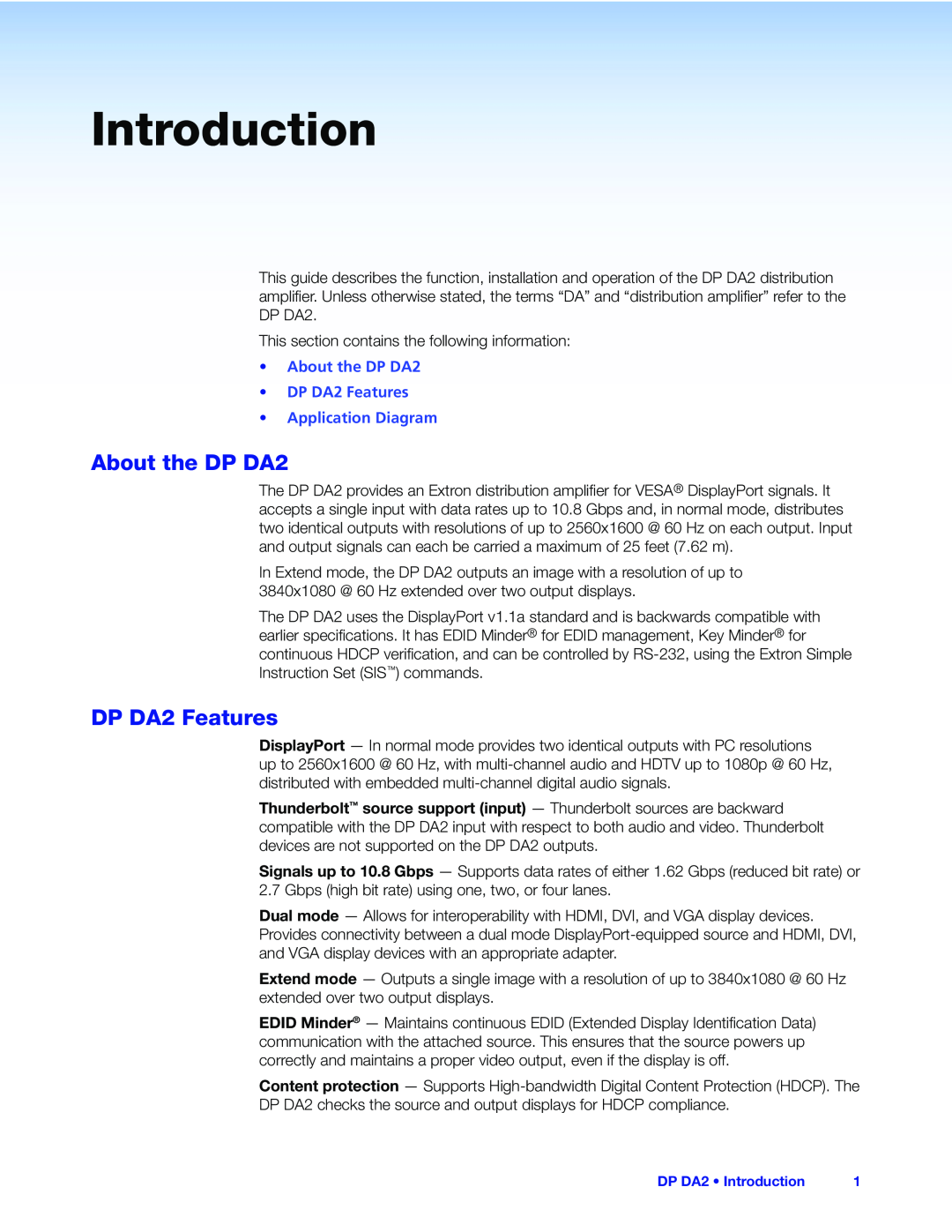 Extron electronic manual Introduction, About the DP DA2 DP DA2 Features, Application Diagram 