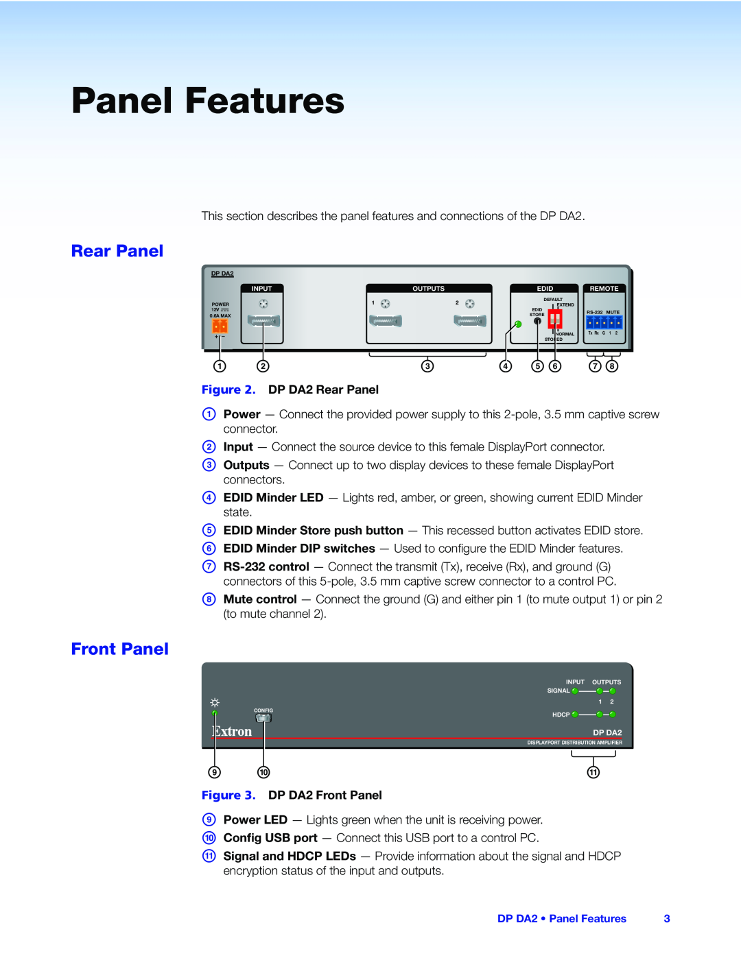 Extron electronic DP DA2 manual Panel Features, Rear Panel, Front Panel 