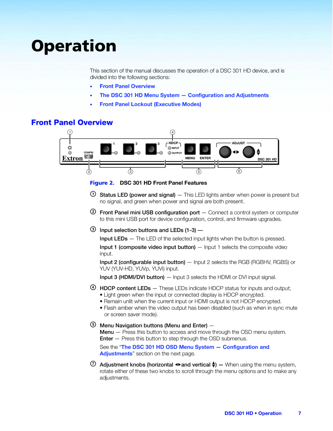 Extron electronic manual Front Panel Overview, DSC 301 HD Front Panel Features 