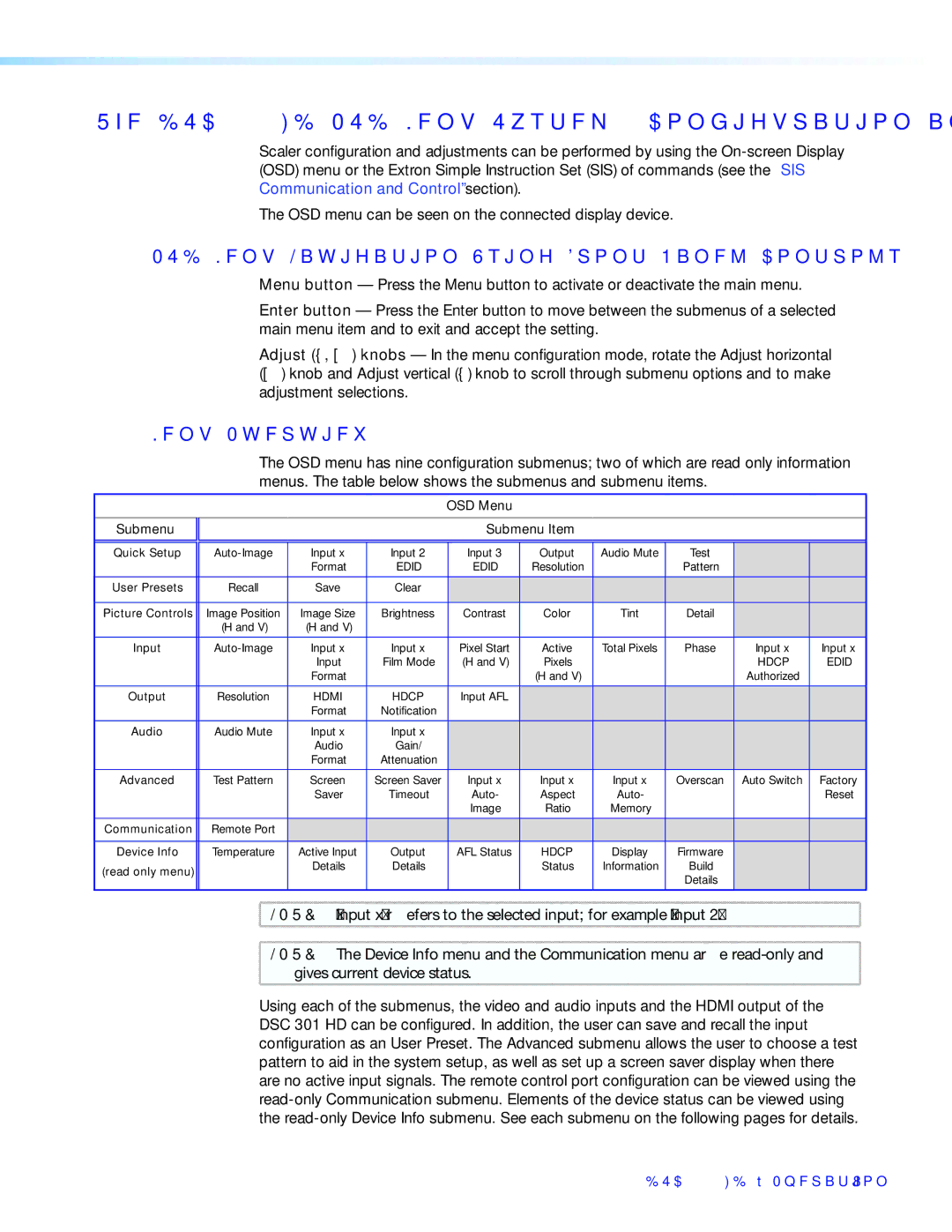 Extron electronic manual DSC 301 HD OSD Menu System Configuration and Adjustments, Menu Overview 