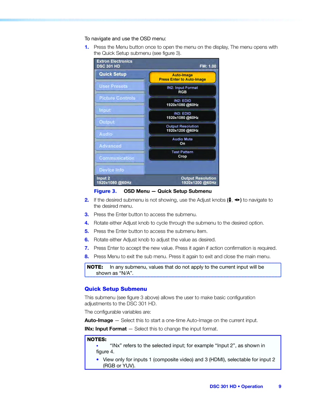 Extron electronic DSC 301 HD manual OSD Menu Quick Setup Submenu 