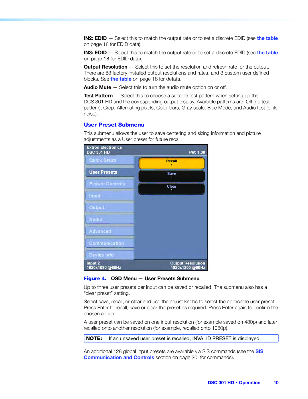 Extron electronic DSC 301 HD manual User Preset Submenu, OSD Menu User Presets Submenu 