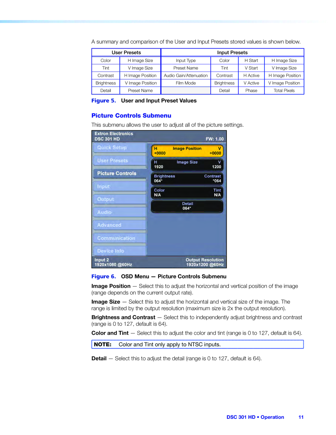 Extron electronic DSC 301 HD manual Picture Controls Submenu, User Presets Input Presets 