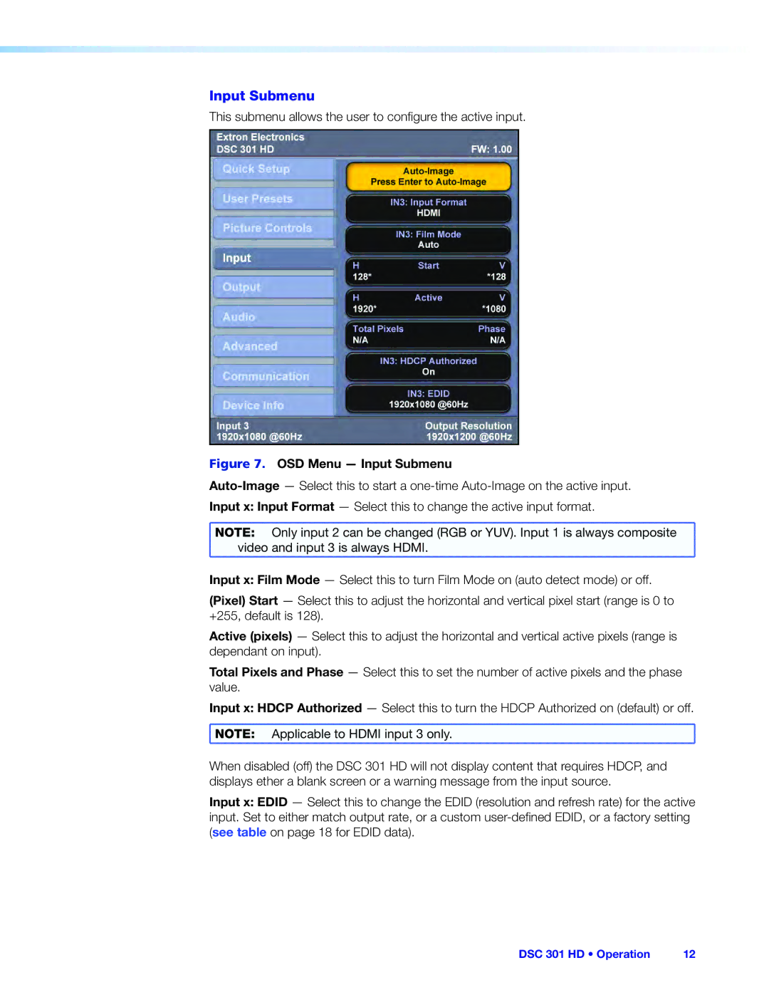 Extron electronic DSC 301 HD manual OSD Menu Input Submenu 