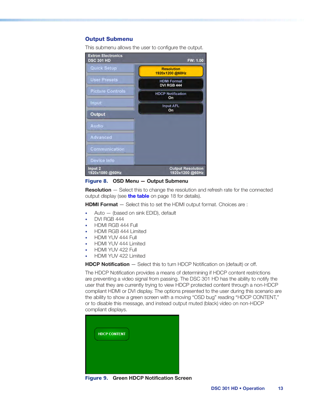 Extron electronic DSC 301 HD manual OSD Menu Output Submenu 