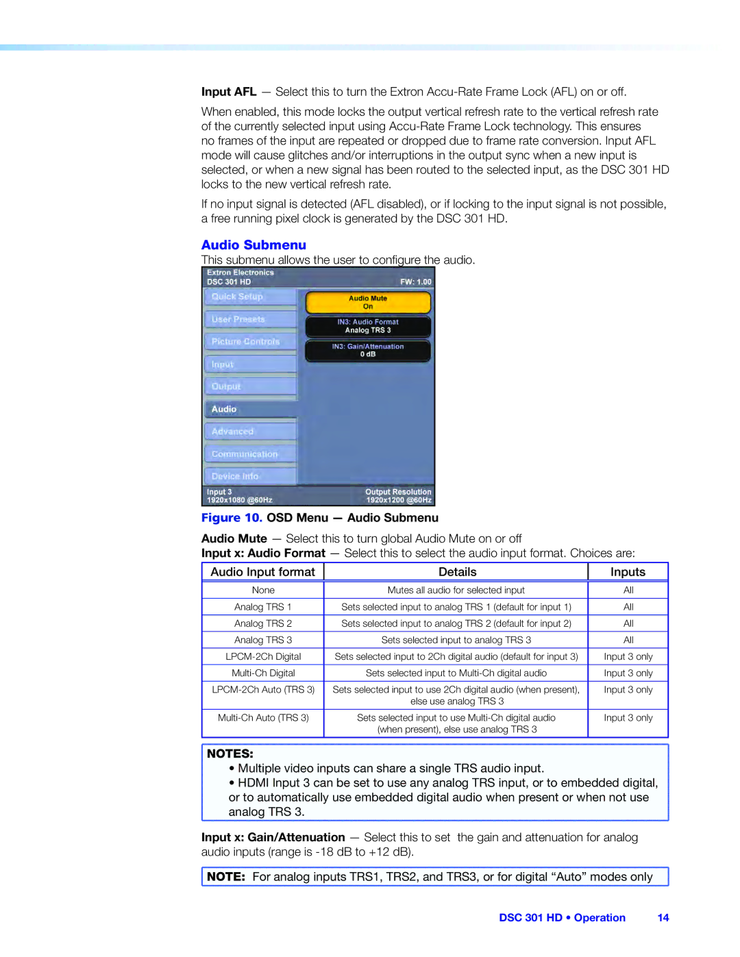 Extron electronic DSC 301 HD manual OSD Menu Audio Submenu 