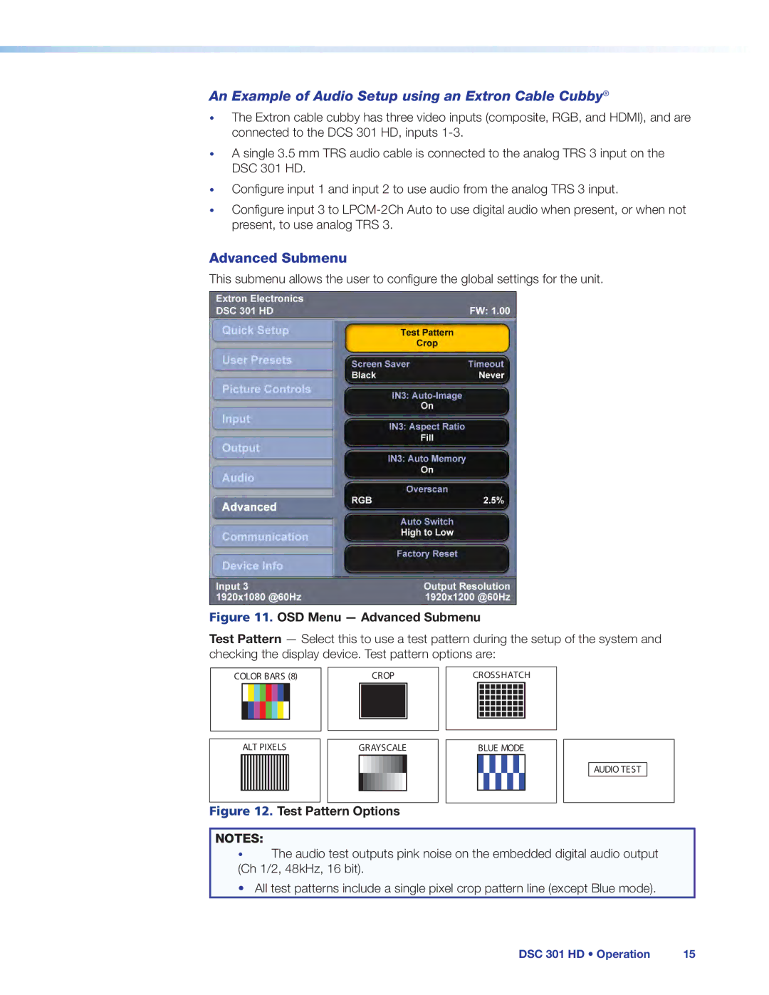 Extron electronic DSC 301 HD manual OSD Menu Advanced Submenu 