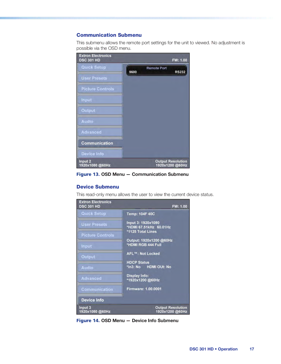 Extron electronic DSC 301 HD manual Communication Submenu, Device Submenu 