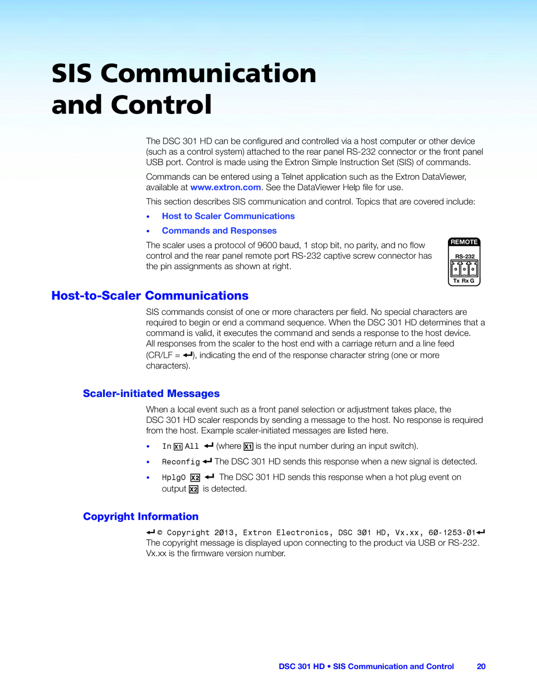 Extron electronic DSC 301 HD manual Host-to-Scaler Communications, Copyright Information 