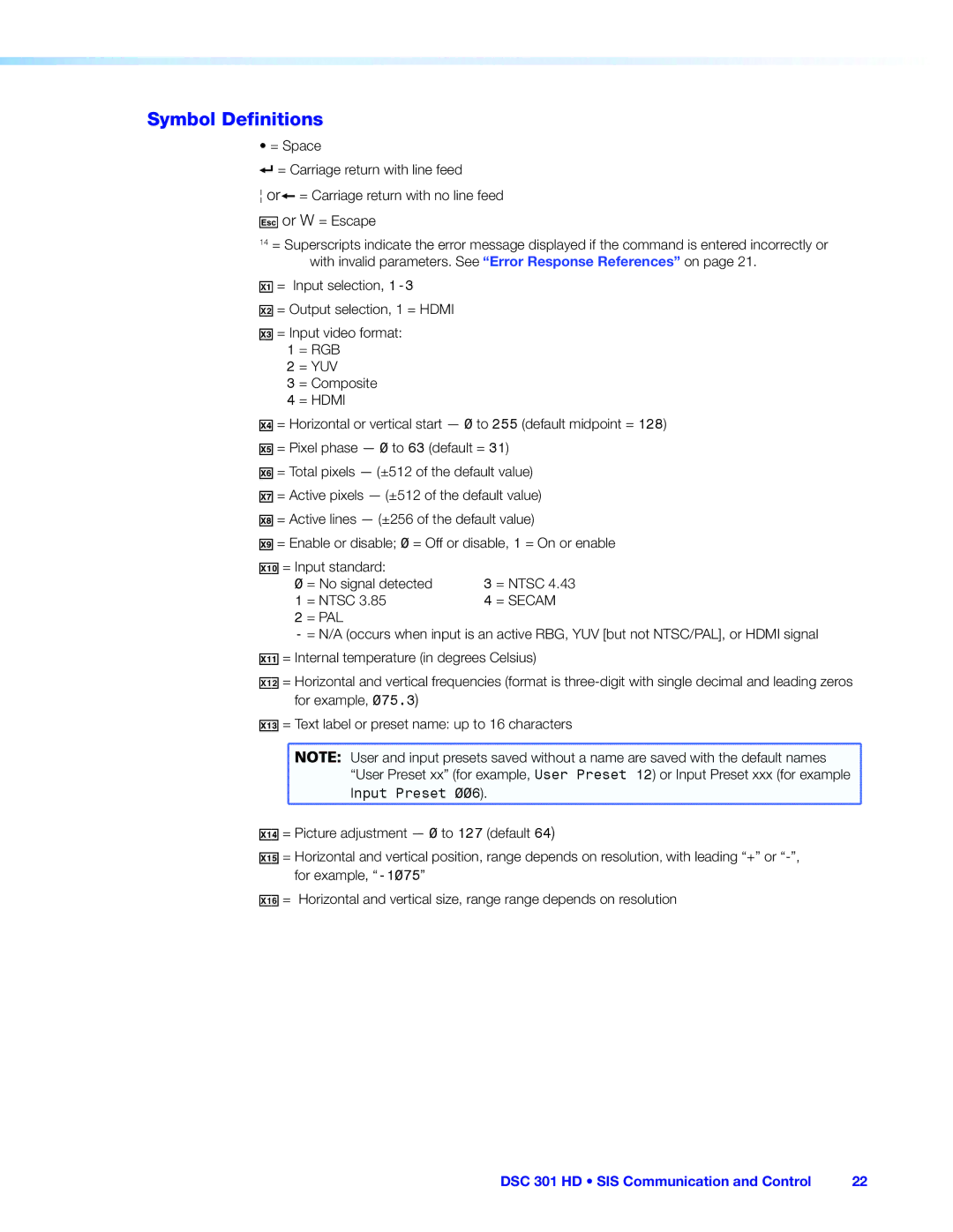 Extron electronic DSC 301 HD manual Symbol Definitions, = Ntsc, = Secam, = Pal, Input Preset 