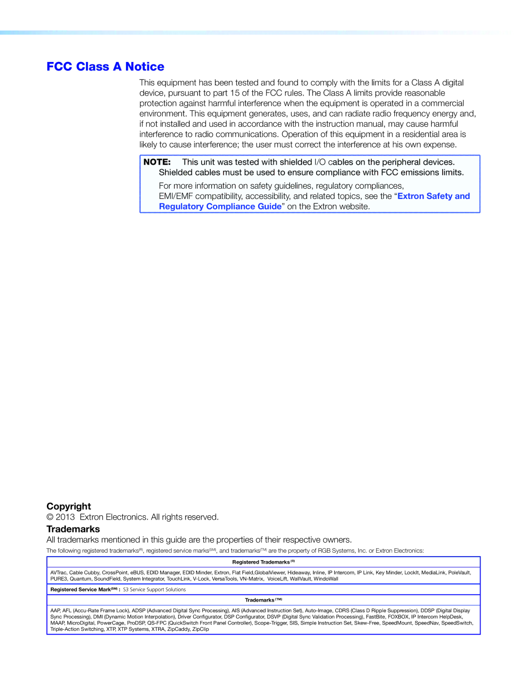 Extron electronic DSC 301 HD manual FCC Class a Notice, Trademarks 