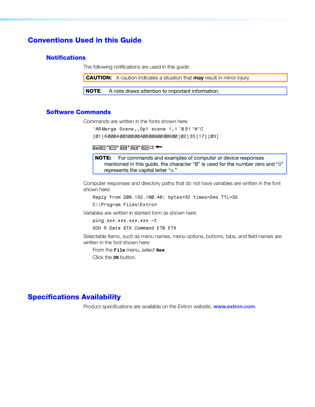 Extron electronic DSC 301 HD Conventions Used in this Guide, Specifications Availability, Notifications, Software Commands 