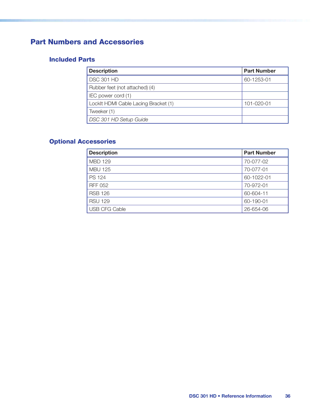 Extron electronic DSC 301 HD Part Numbers and Accessories, Included Parts, Optional Accessories, Description Part Number 