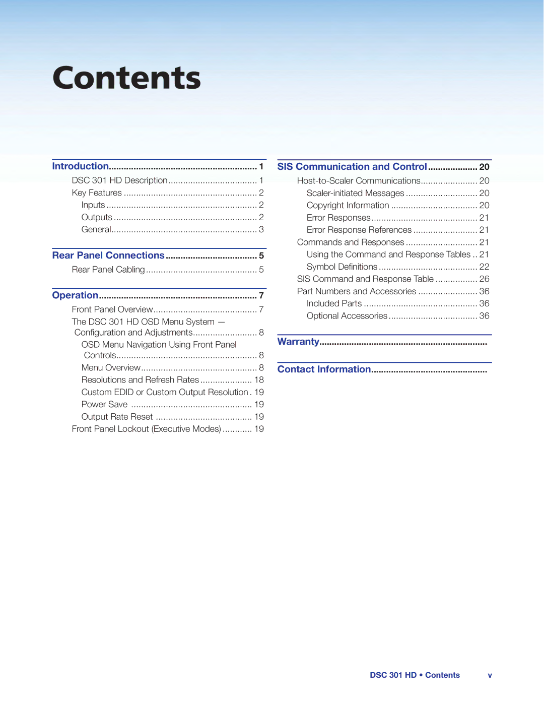 Extron electronic DSC 301 HD manual Contents 