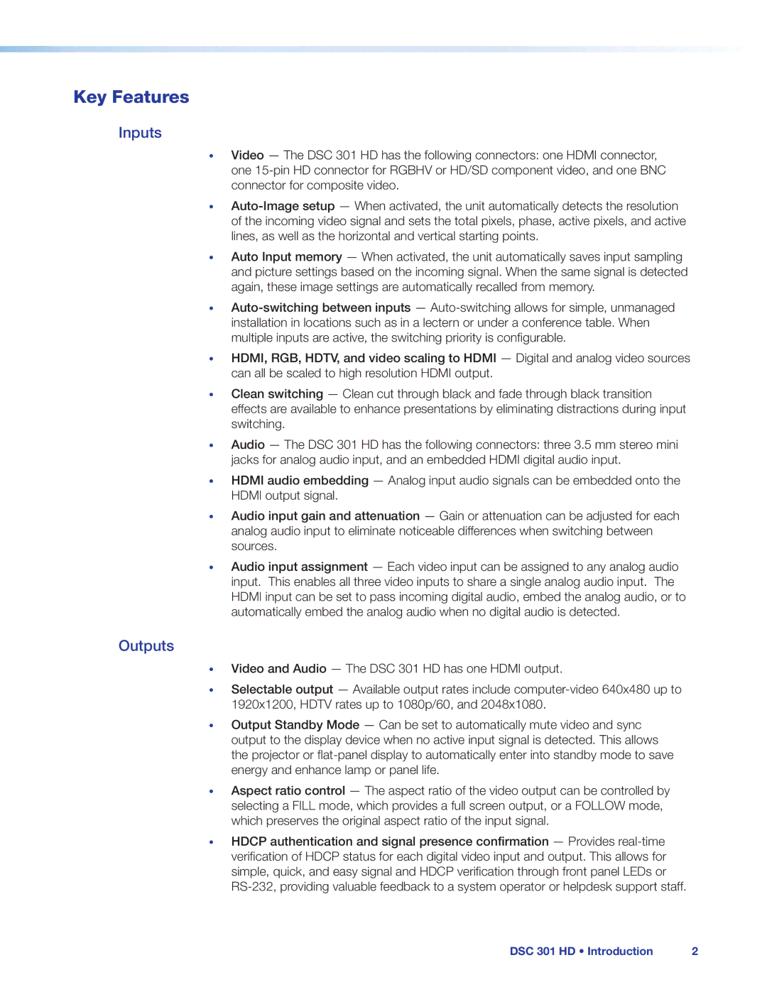 Extron electronic DSC 301 HD manual Key Features, Inputs 