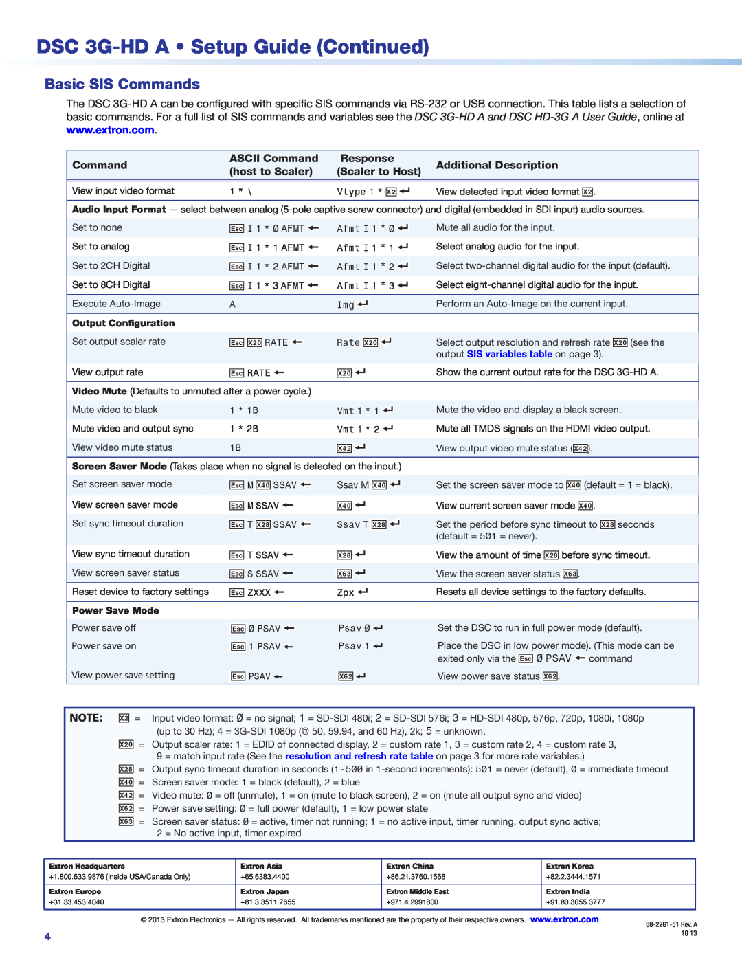 Extron electronic DSC 3G-HD A ASCII Command, Response, Additional Description, host to Scaler, Scaler to Host 