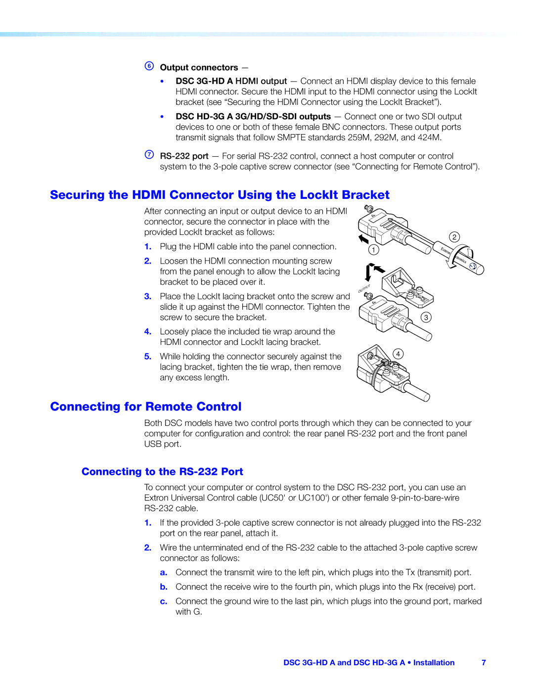 Extron electronic DSC 3G-HD A manual Securing the Hdmi Connector Using the LockIt Bracket, Connecting for Remote Control 