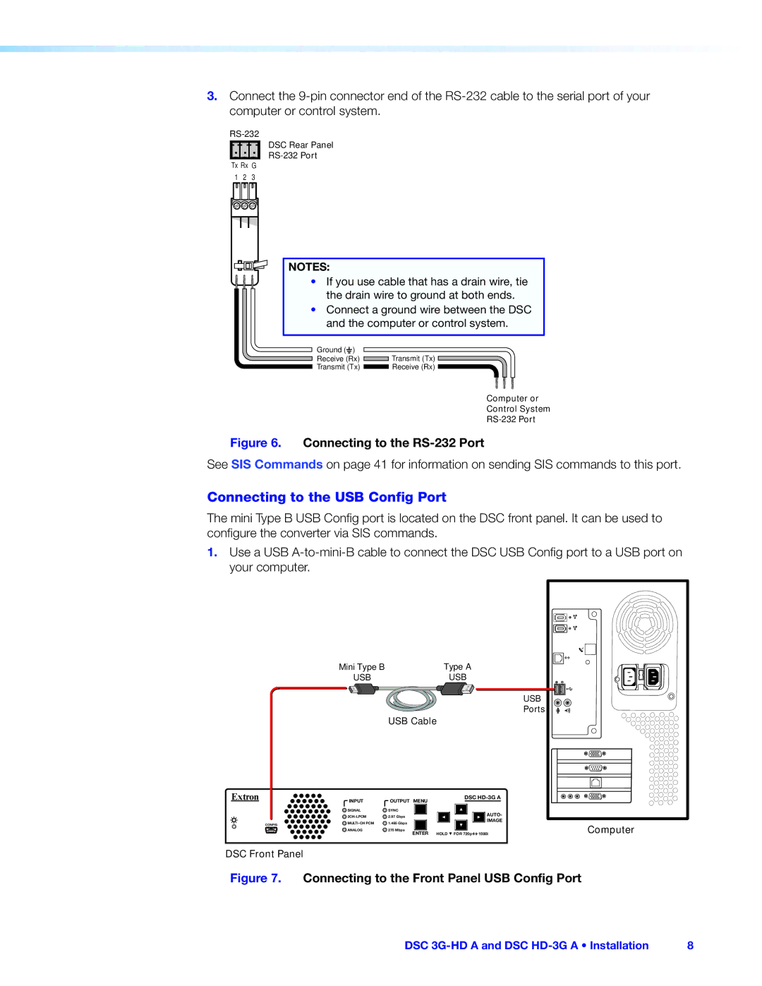 Extron electronic DSC HD-3G A, DSC 3G-HD A manual Connecting to the USB Config Port, Connecting to the RS-232 Port 