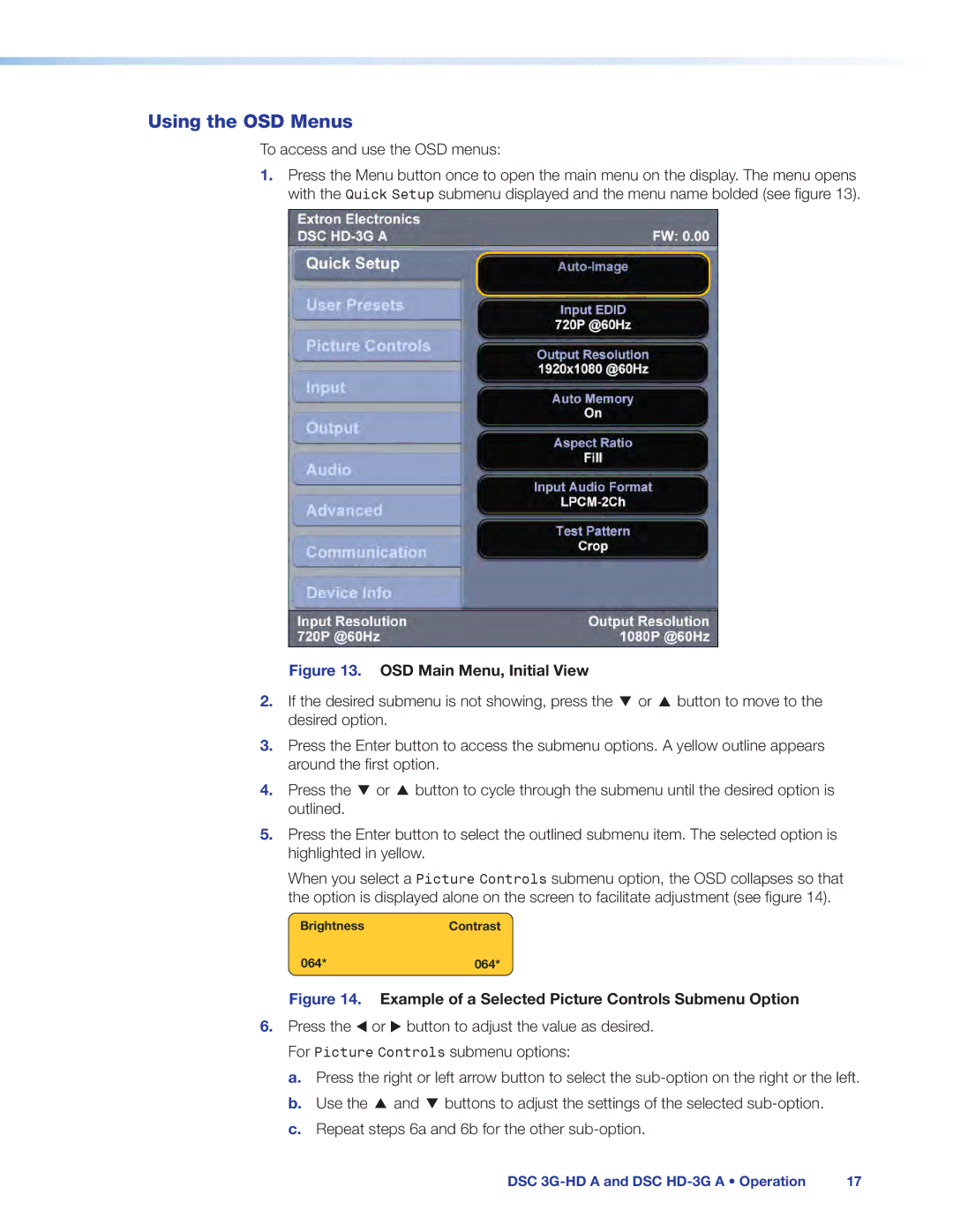 Extron electronic DSC 3G-HD A, DSC HD-3G A manual Using the OSD Menus, OSD Main Menu, Initial View 