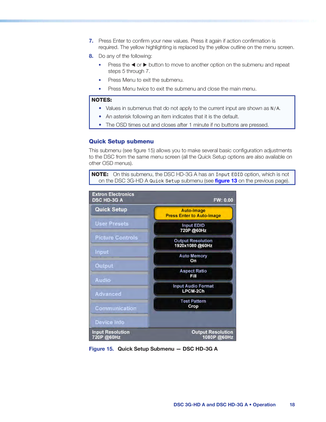 Extron electronic DSC HD-3G A, DSC 3G-HD A manual Quick Setup submenu, Quick Setup Submenu DSC HD-3G a 