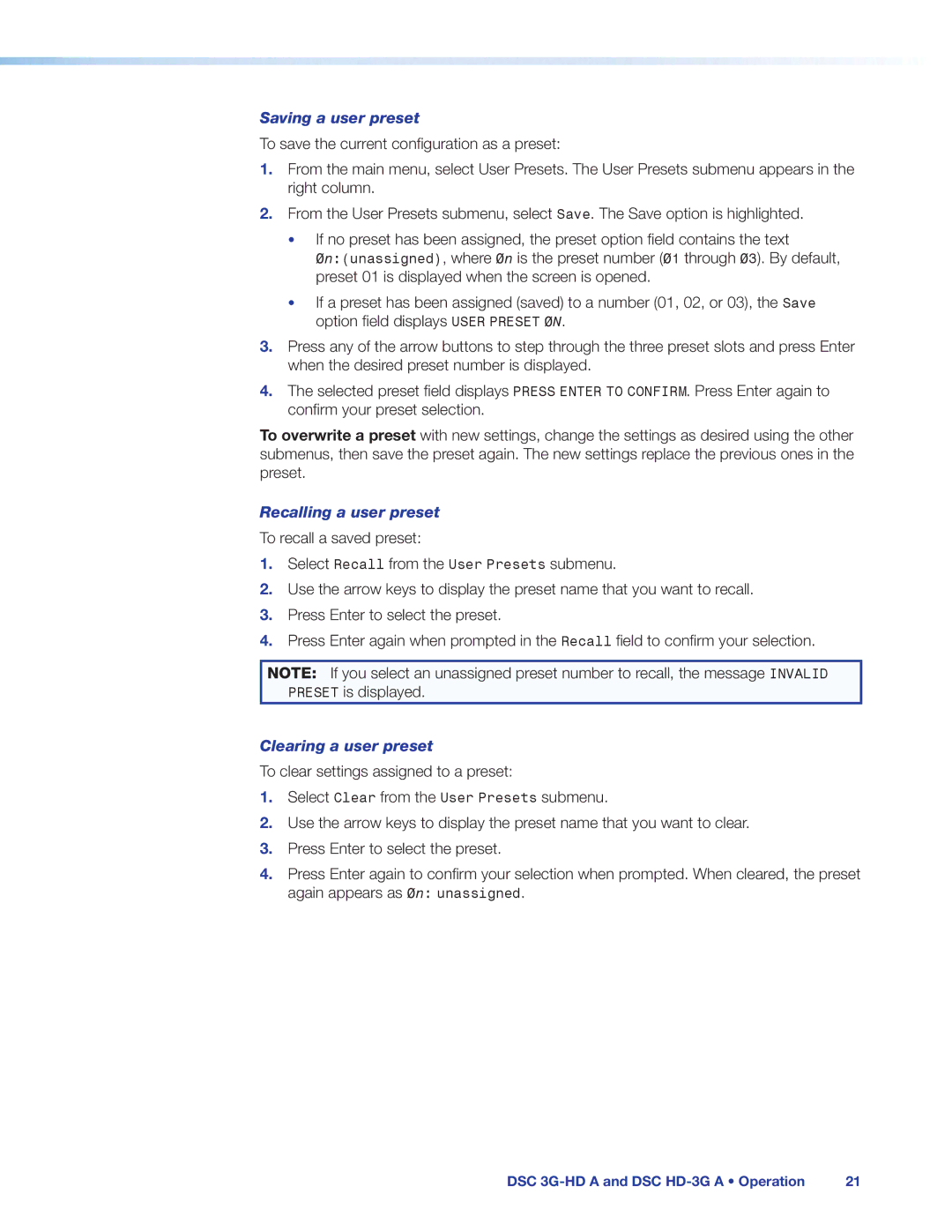 Extron electronic DSC 3G-HD A, DSC HD-3G A manual Saving a user preset 