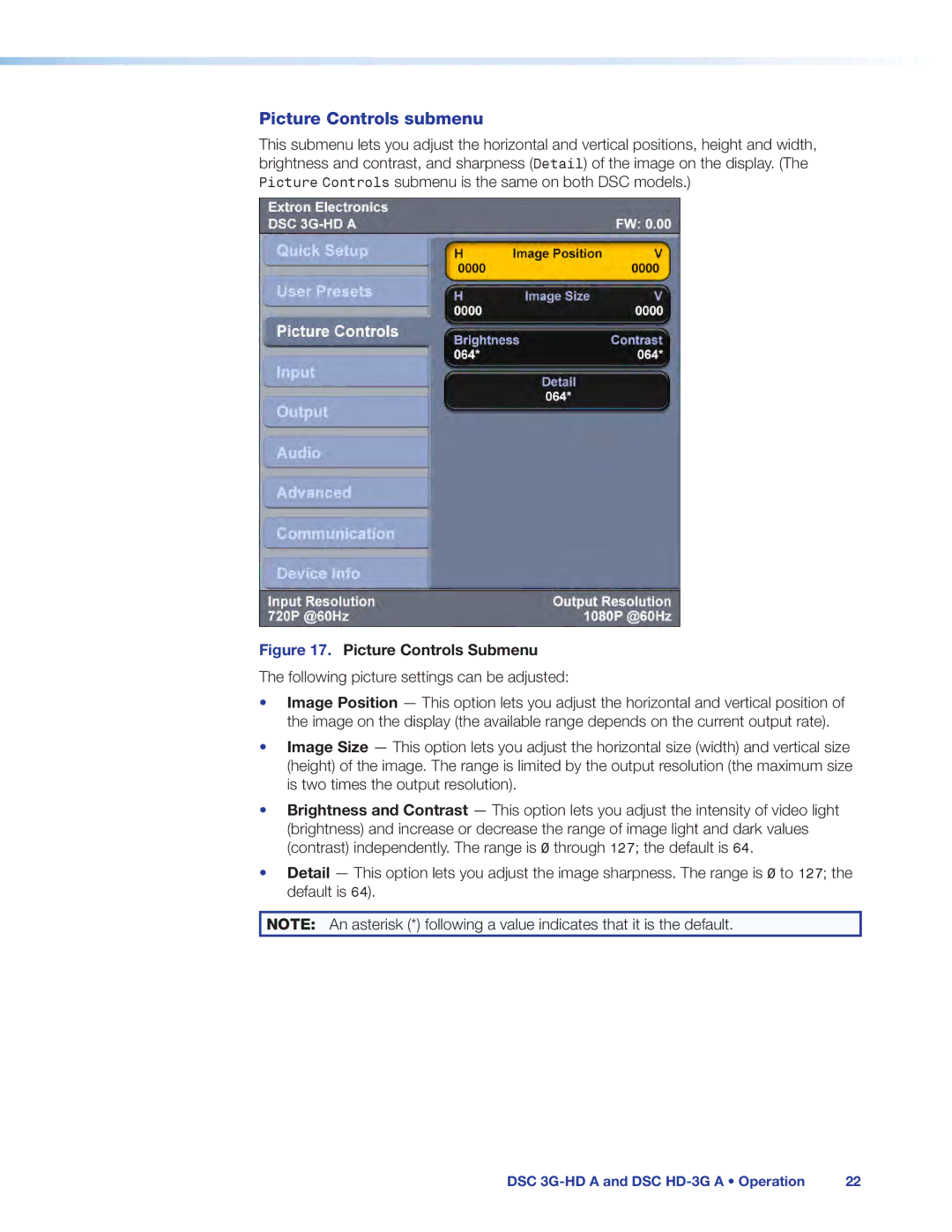 Extron electronic DSC HD-3G A, DSC 3G-HD A manual Picture Controls submenu, Picture Controls Submenu 
