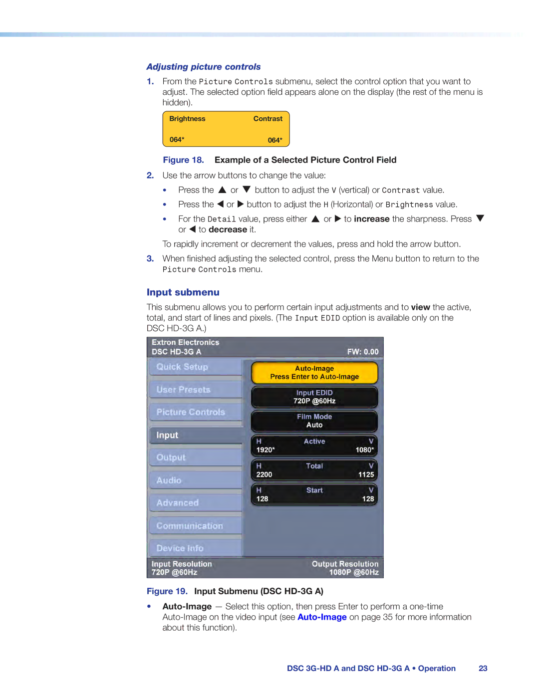 Extron electronic DSC 3G-HD A, DSC HD-3G A manual Input submenu, Example of a Selected Picture Control Field 