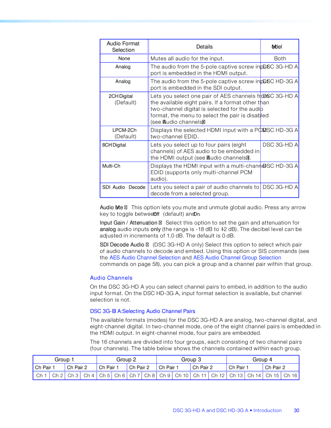 Extron electronic DSC HD-3G A, DSC 3G-HD A manual Audio Format Details Model, Group 