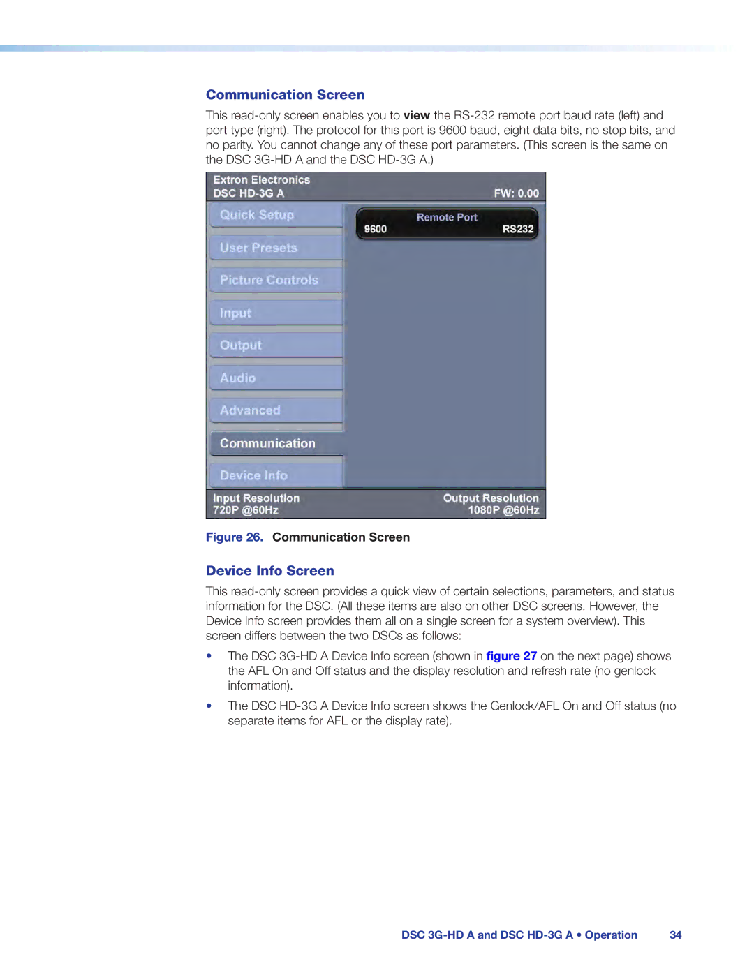 Extron electronic DSC HD-3G A, DSC 3G-HD A manual Communication Screen, Device Info Screen 