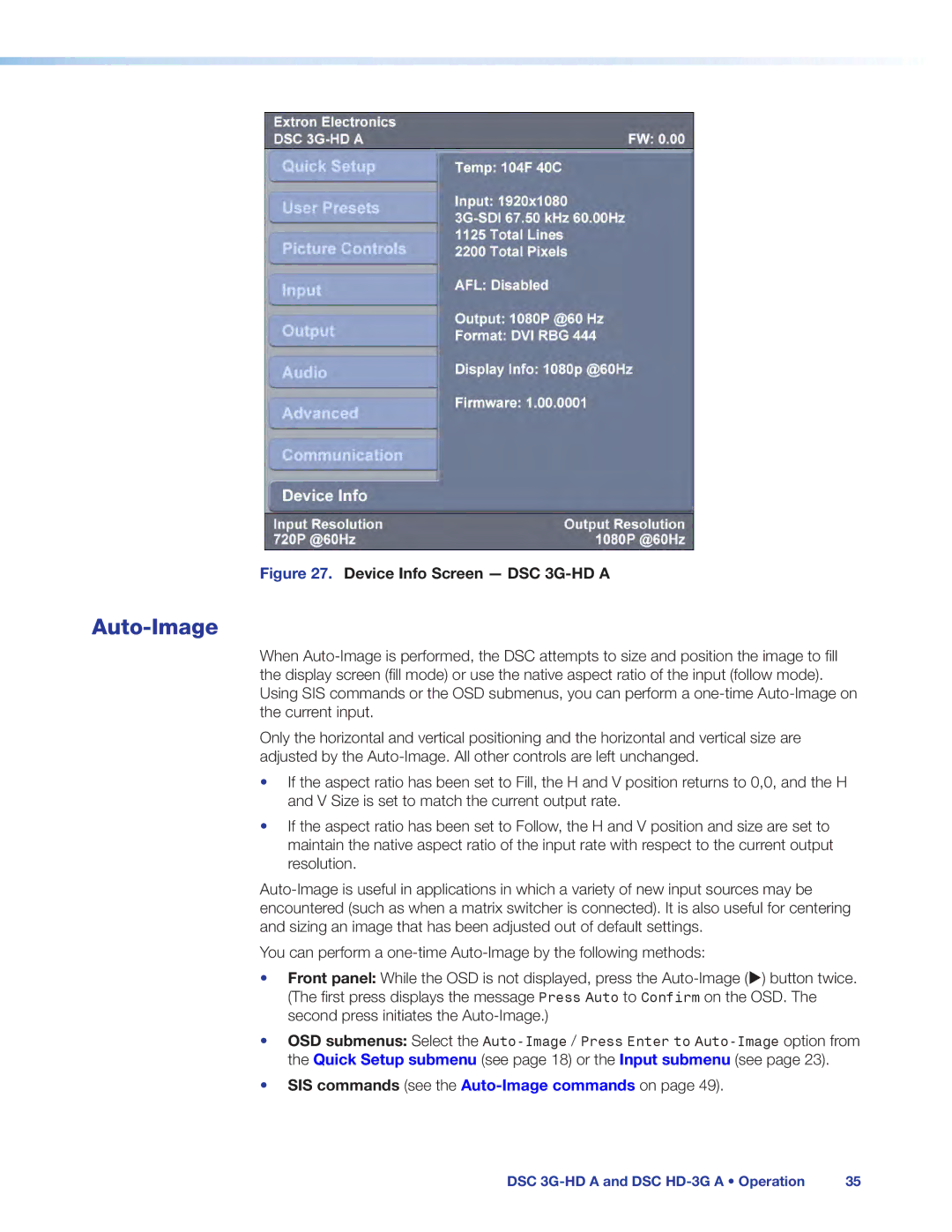 Extron electronic DSC 3G-HD A, DSC HD-3G A manual Auto-Image, Device Info Screen DSC 3G-HD a 