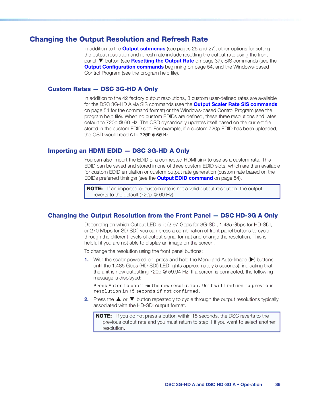 Extron electronic DSC HD-3G A, DSC 3G-HD A Changing the Output Resolution and Refresh Rate, Custom Rates DSC 3G-HD a Only 