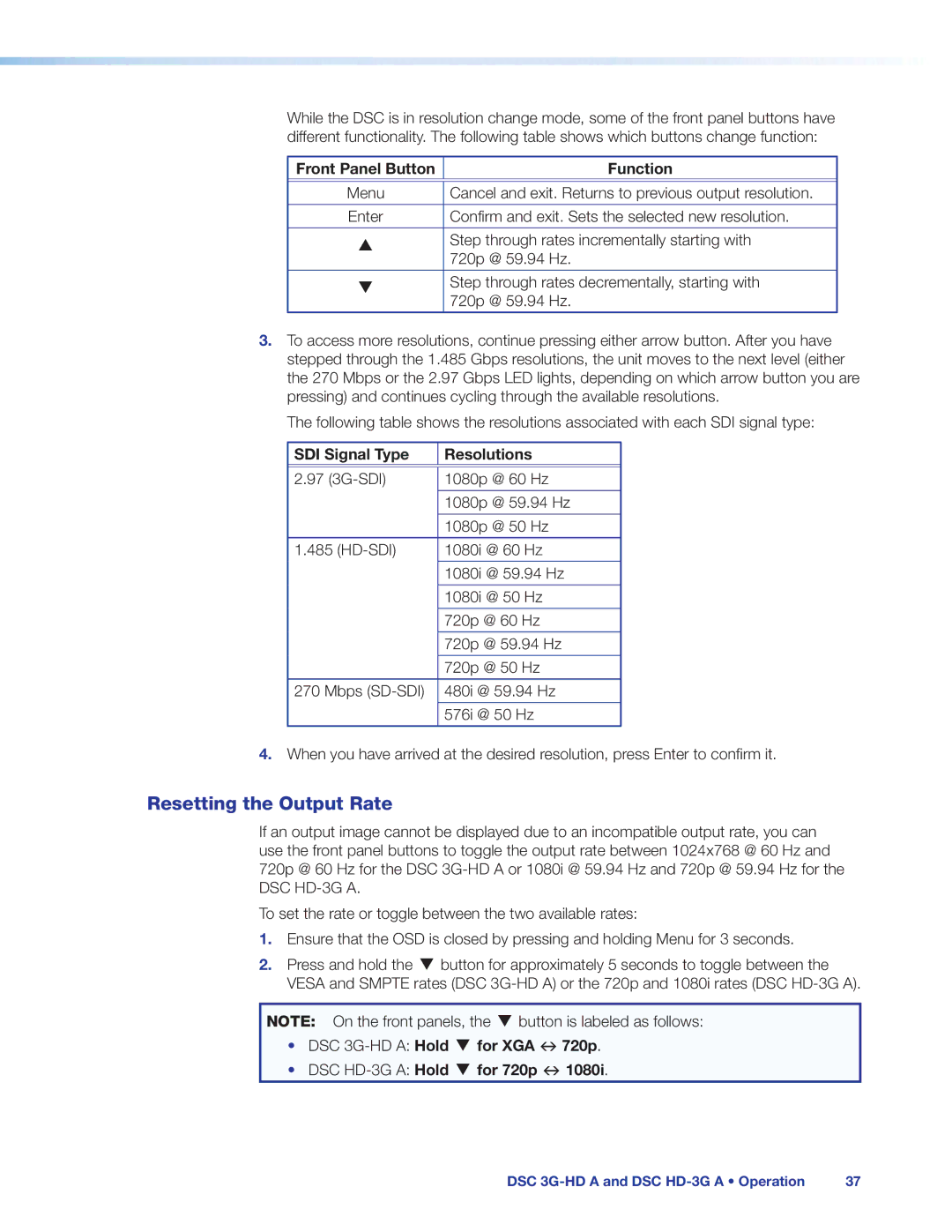 Extron electronic DSC 3G-HD A manual Resetting the Output Rate, Front Panel Button Function, SDI Signal Type Resolutions 