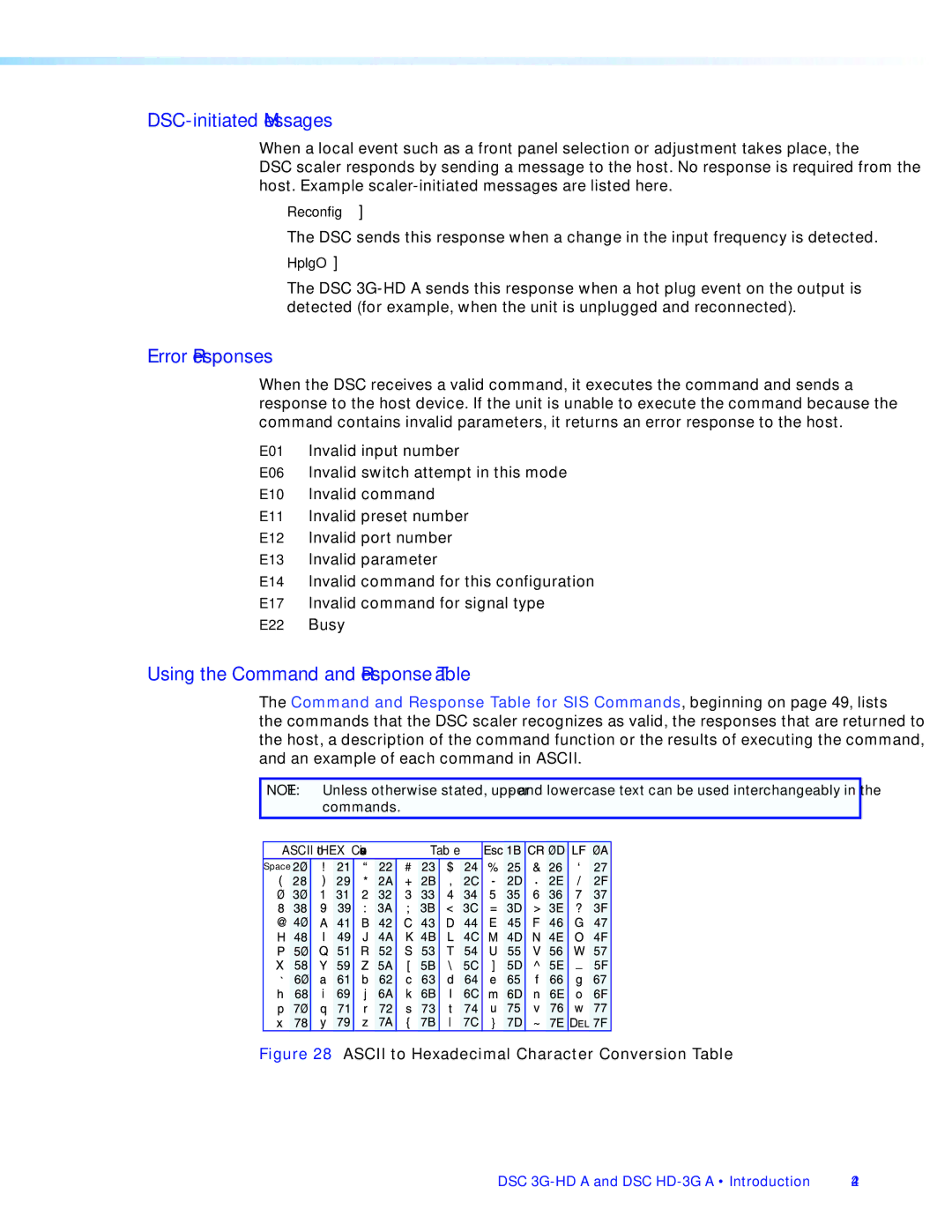 Extron electronic DSC HD-3G A, DSC 3G-HD A DSC-initiated Messages, Error Responses, Using the Command and Response Table 