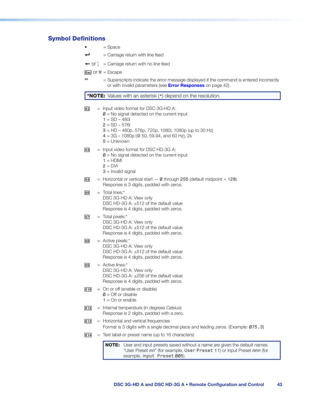 Extron electronic DSC 3G-HD A, DSC HD-3G A manual Symbol Definitions, X1#, X1$ 