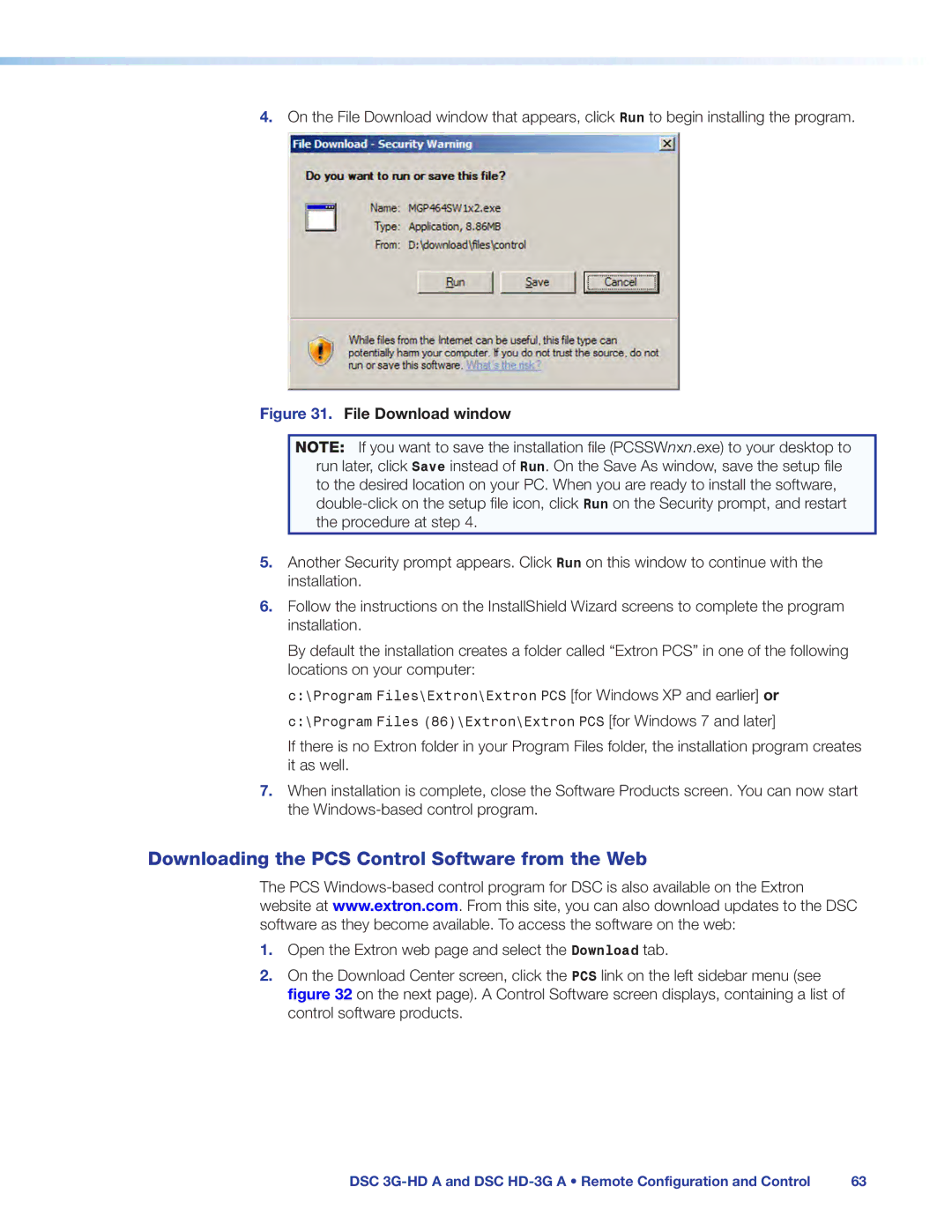 Extron electronic DSC 3G-HD A, DSC HD-3G A manual Downloading the PCS Control Software from the Web, File Download window 