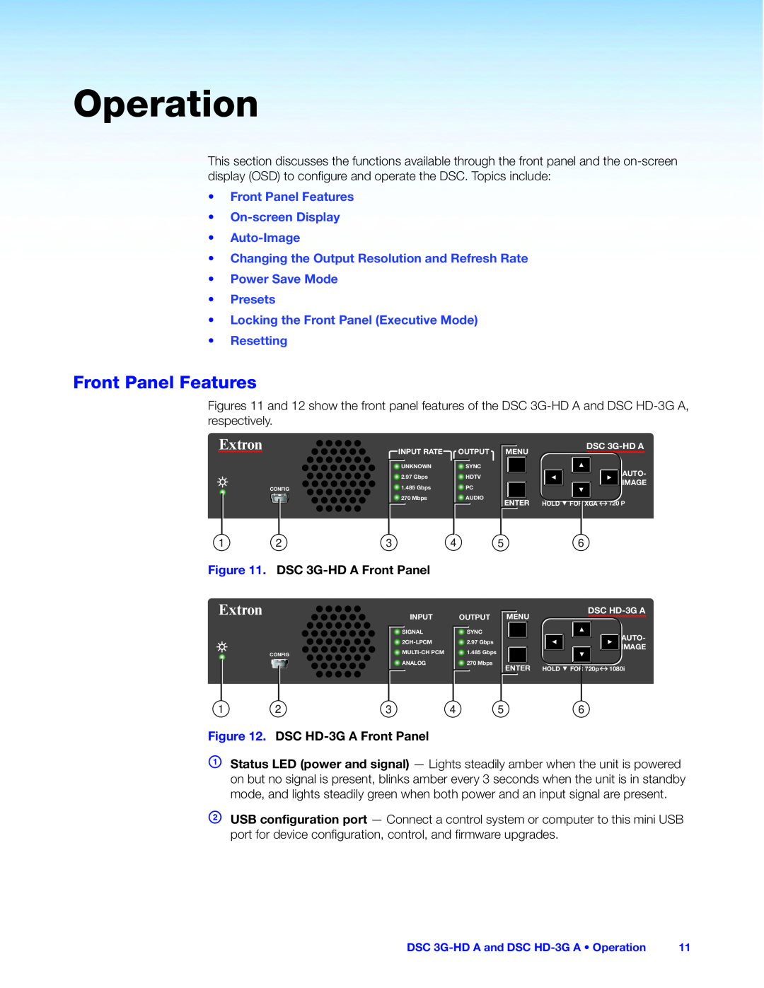 Extron electronic Operation, Front Panel Features On-screen Display Auto-Image, DSC 3G-HD A Front Panel, Extron 