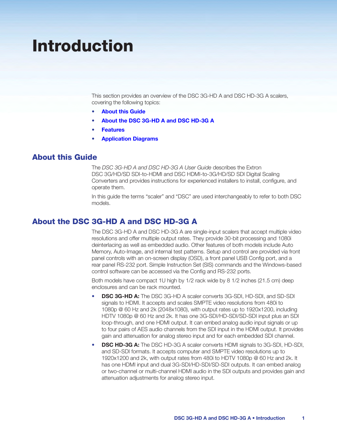 Extron electronic manual Introduction, About this Guide, About the DSC 3G-HD A and DSC HD-3G A, Application Diagrams 