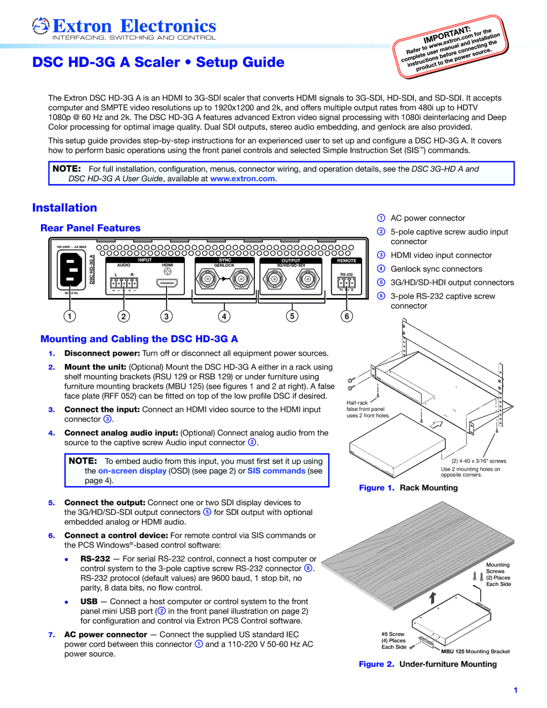 Extron electronic DSC HD-3G A setup guide Installation, Rear Panel Features, Mounting and Cabling the DSC HD-3G a 