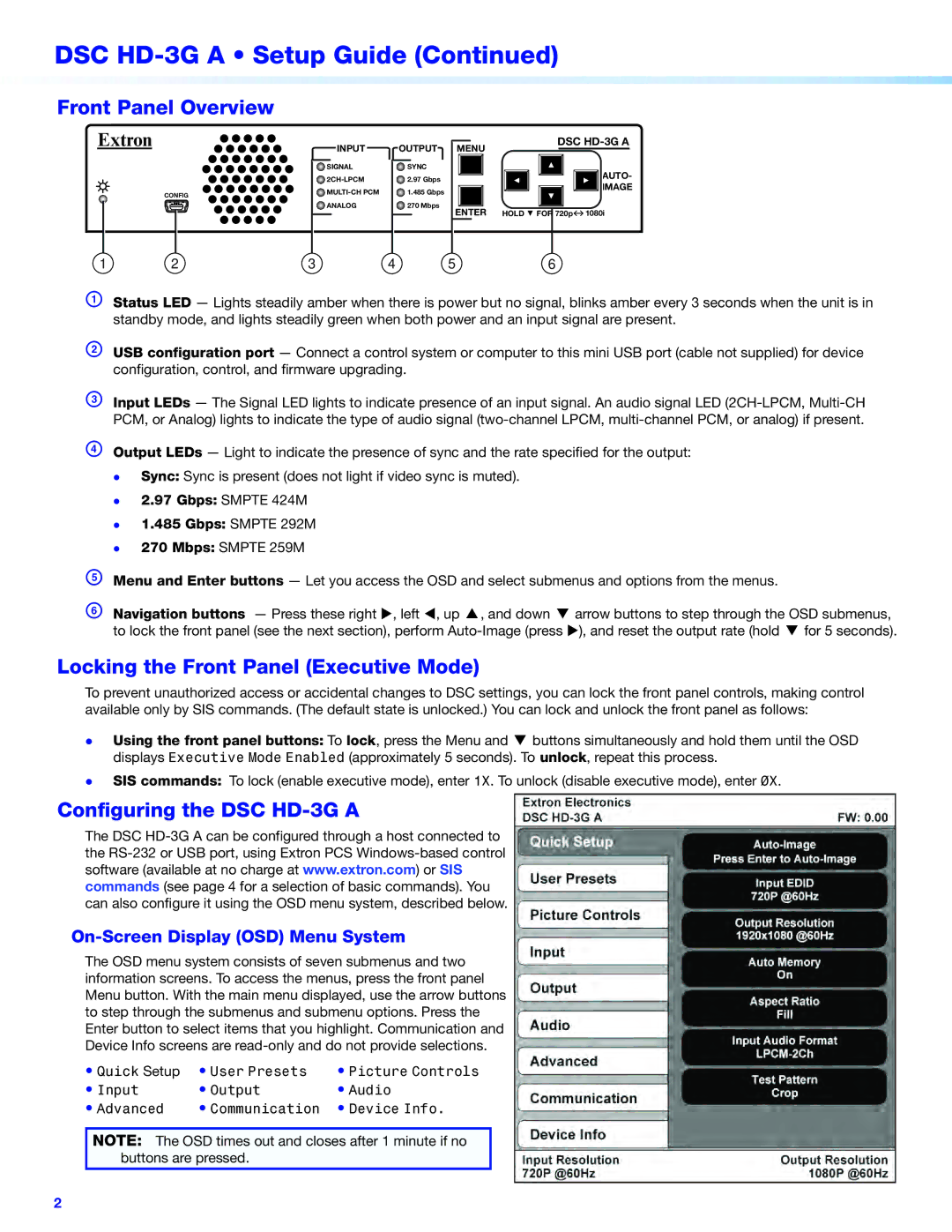 Extron electronic DSC HD-3G A Front Panel Overview, Locking the Front Panel Executive Mode, Configuring the DSC HD-3G a 