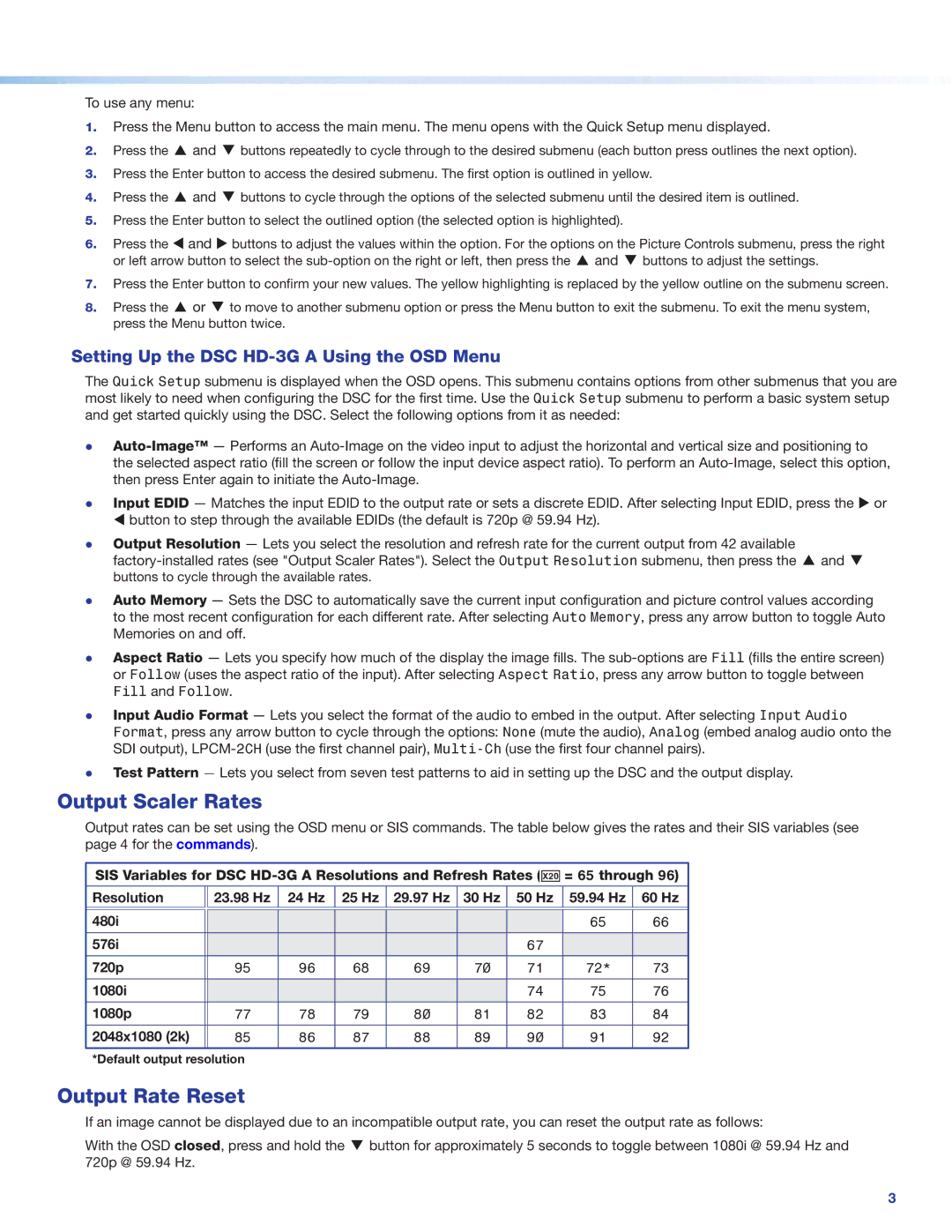 Extron electronic DSC HD-3G A Output Scaler Rates, Output Rate Reset, Setting Up the DSC HD-3G a Using the OSD Menu 