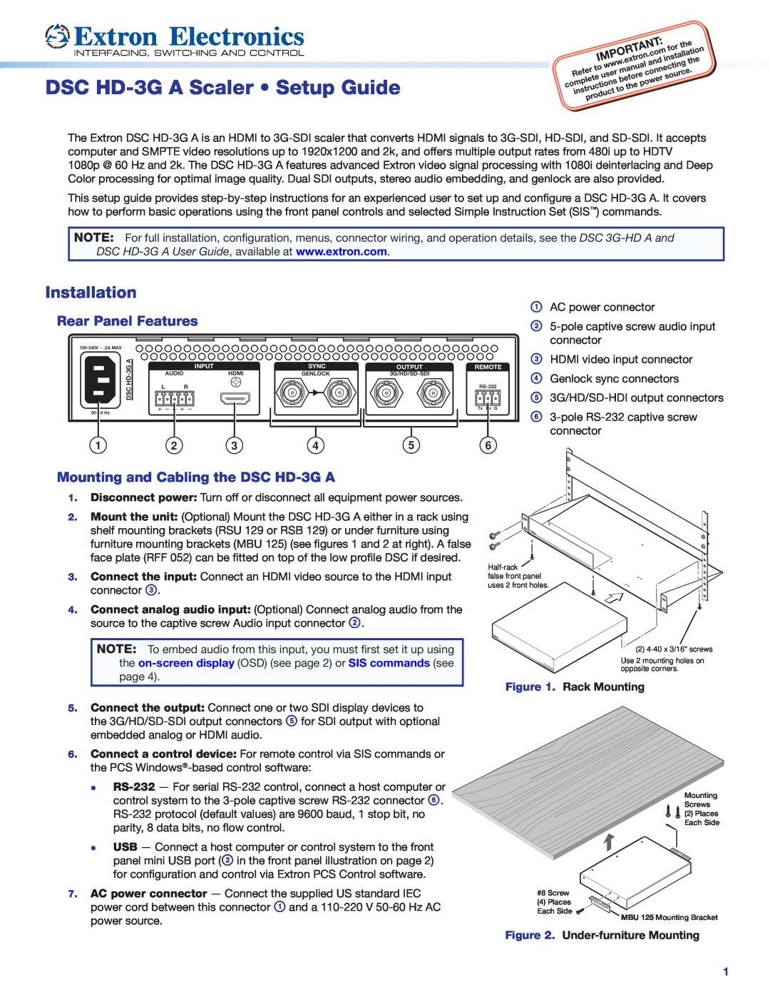 Extron electronic setup guide DSC HD-3G A Scaler Setup Guide, Installation, Rear Panel Features 