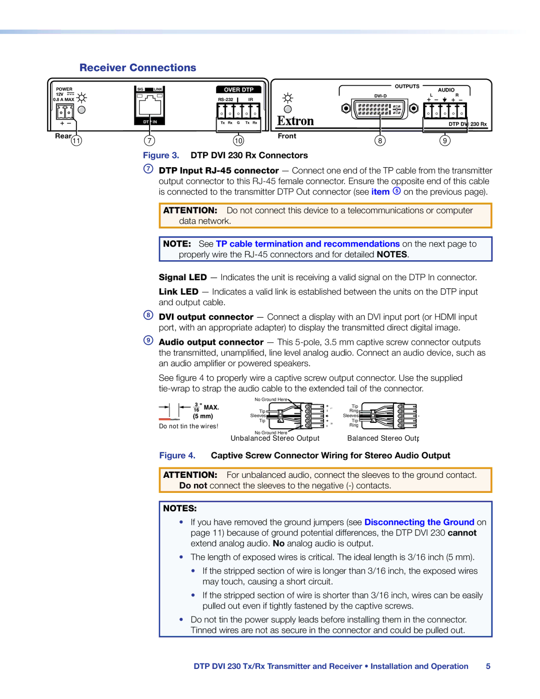 Extron electronic manual Receiver Connections, DTP DVI 230 Rx Connectors 