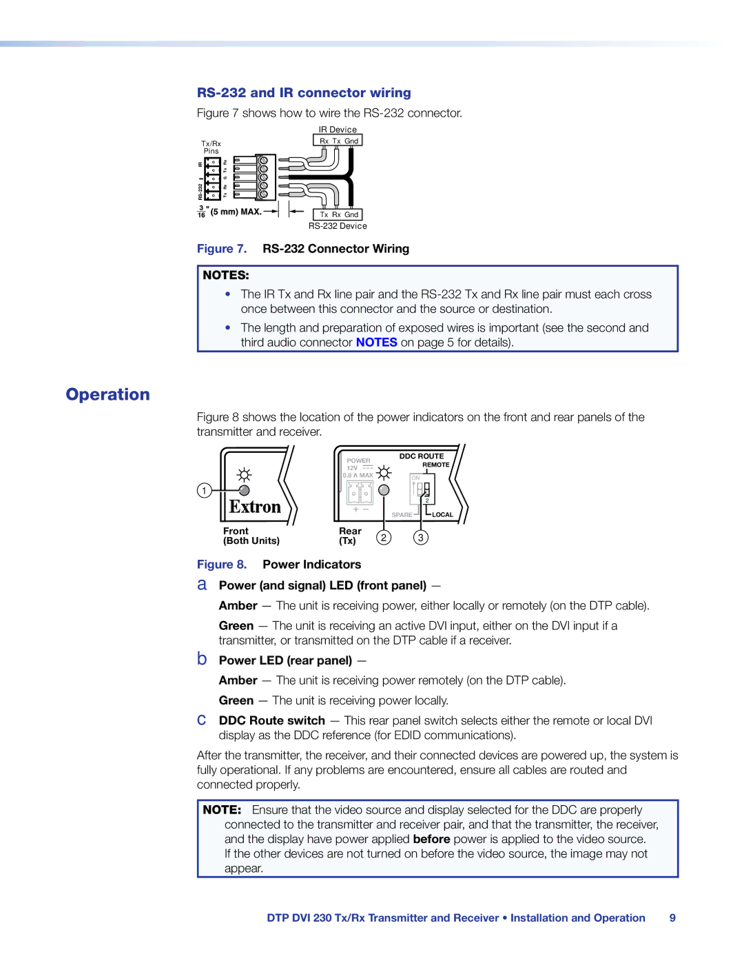 Extron electronic DTP DVI 230 manual Operation, RS-232 and IR connector wiring 