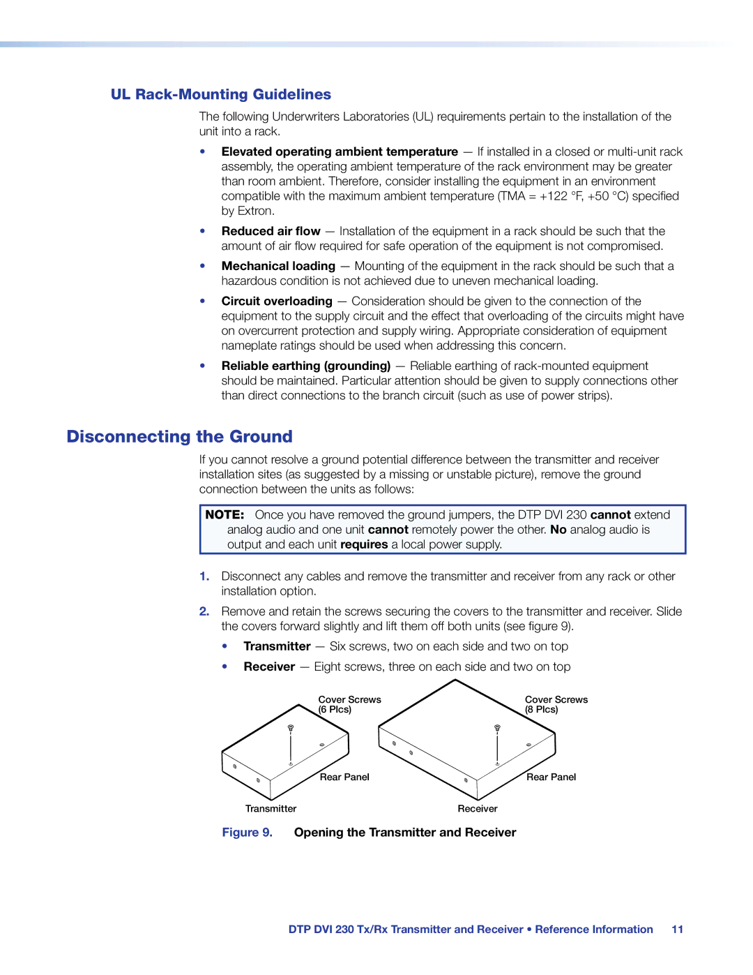 Extron electronic DTP DVI 230 manual Disconnecting the Ground, UL Rack-Mounting Guidelines 