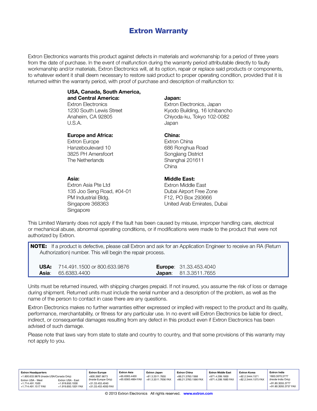 Extron electronic DTP DVI 230 manual Extron Warranty, USA, Canada, South America Central America Japan 