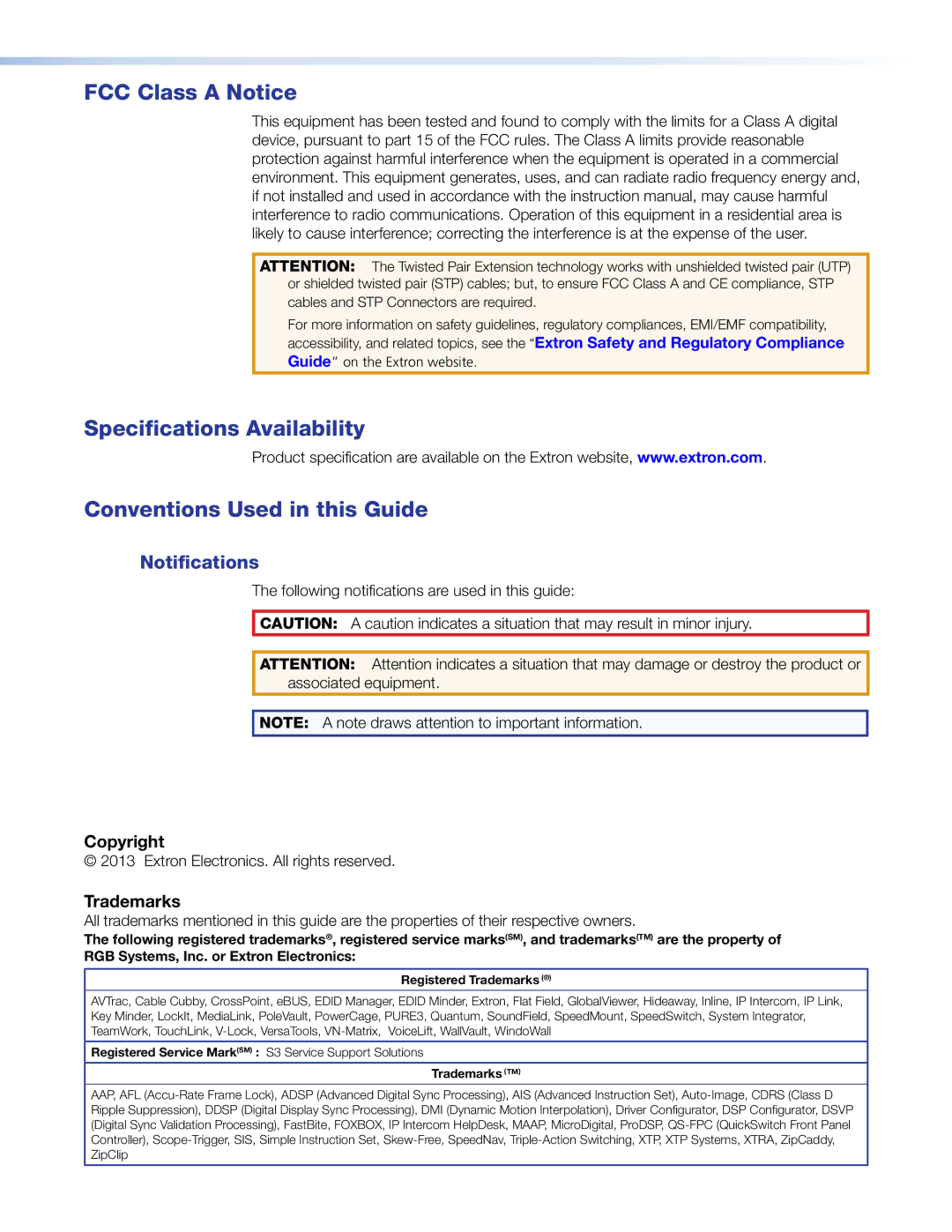 Extron electronic DTP DVI 230 manual FCC Class a Notice, Specifications Availability Conventions Used in this Guide 