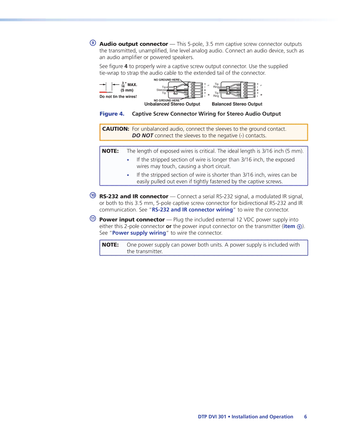 Extron electronic DTP DVI 301 manual Captive Screw Connector Wiring for Stereo Audio Output 