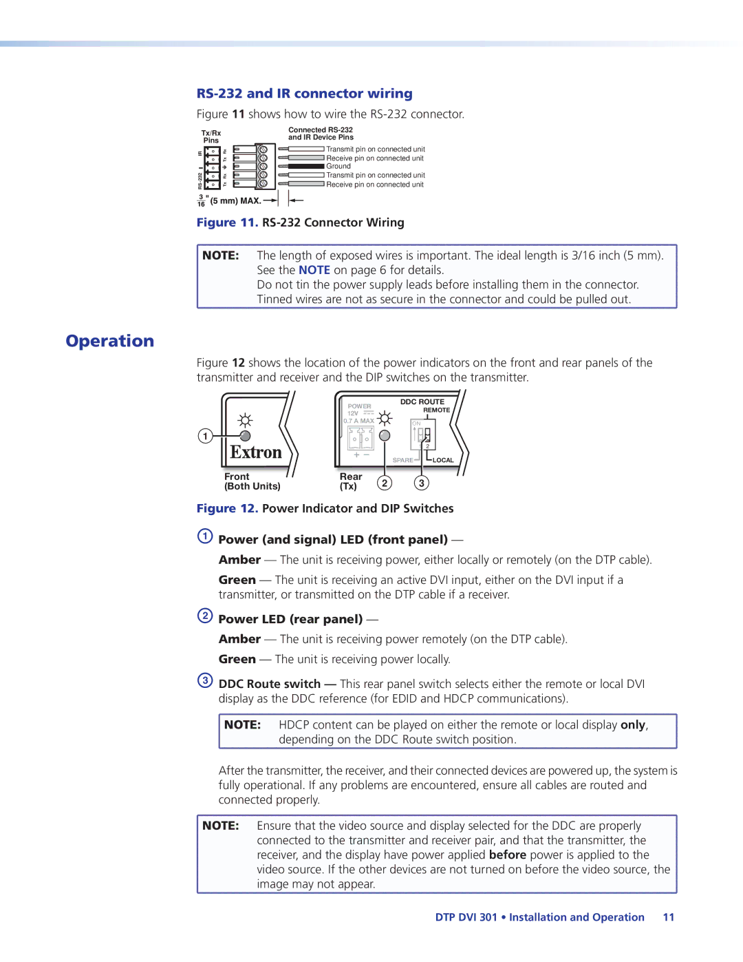 Extron electronic DTP DVI 301 manual Operation, RS-232 and IR connector wiring, Power LED rear panel 