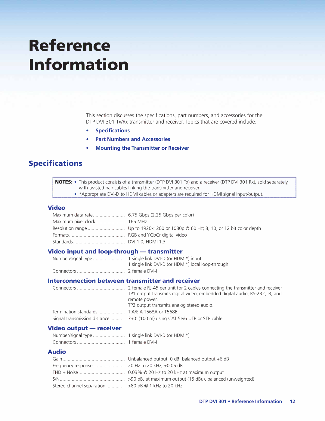 Extron electronic DTP DVI 301 manual Specifications 